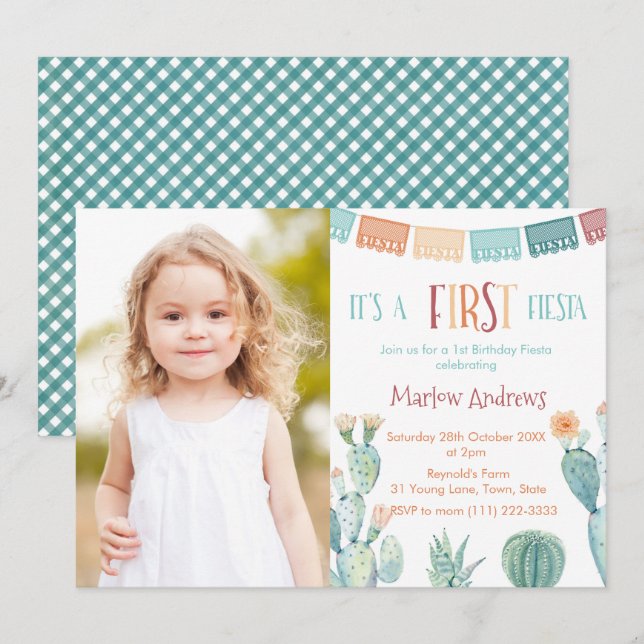 Fall Colors FIRST Fiesta 1st Birthday Party Photo Invitation (Front/Back)