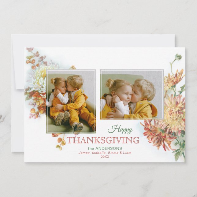 Fall Colors Floral Thanksgiving 2-Photo Holiday Card (Front)