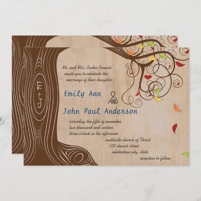 Fall Colors Forest Initials in Tree Wedding Invite (Front/Back)