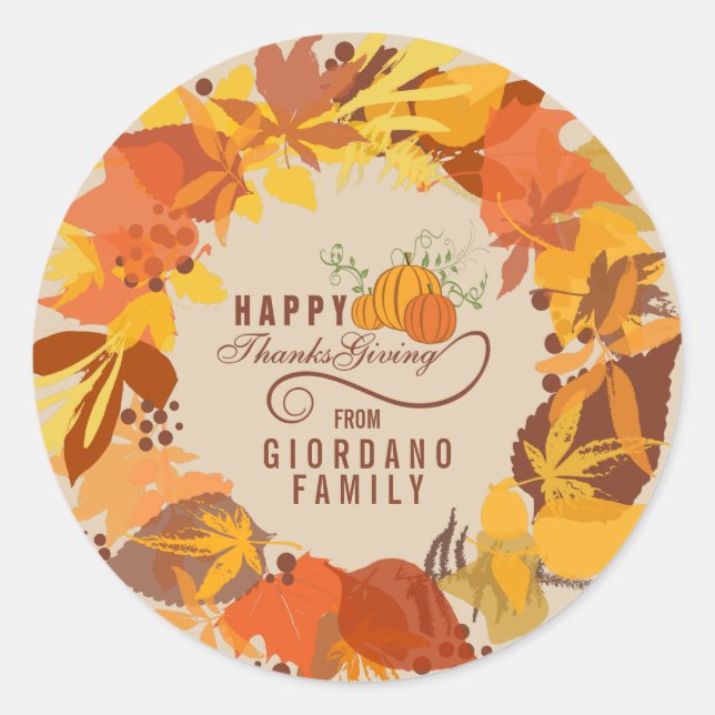 Fall Colors Leafs Thanks Giving Wreath Classic Round Sticker (Front)