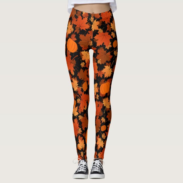 Fall colors maple leaves and pumpkins pattern leggings (Front)