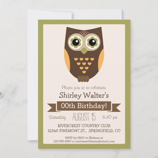 Fall Colors Owl, Adult Birthday Party Invitation (Front)