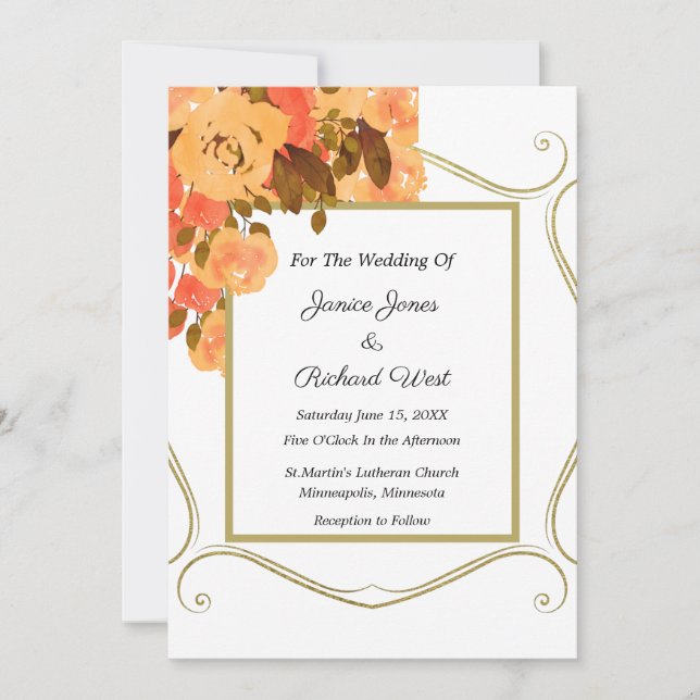 Fall Colors Peach Gold Floral Frame Wedding Invitation (Front)