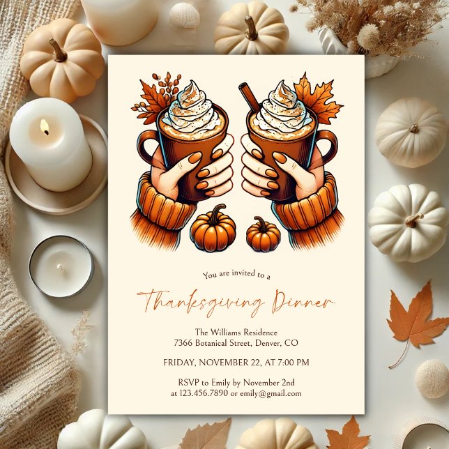 Fall Colors Pumpkin Spice Thanksgiving Dinner Invitation (Cozy Watercolor Fall Colors Pumpkin Spice Latte Thanksgiving Dinner Invitation)