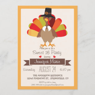 Fall Colors Thanksgiving Turkey Sweet 16 Party Invitation