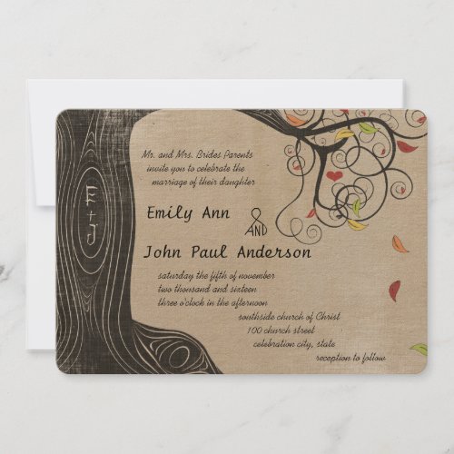 Fall Colors Tree Linen Texture Paper Wedding Invitation