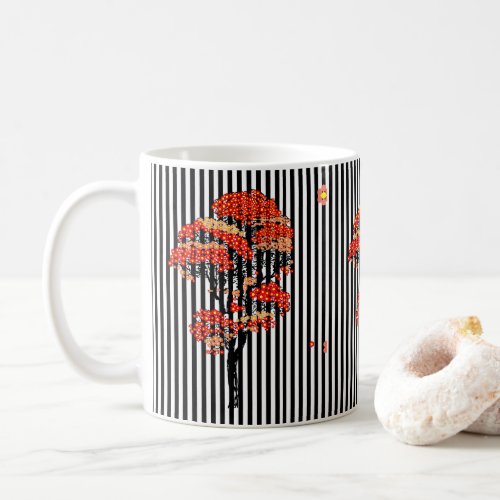Fall Colors Tree on Black  White Vertical Stripes Coffee Mug