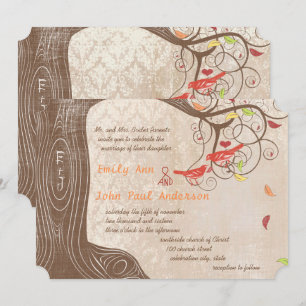 Fall Colors Tree on Vintage Damask Wedding Invite