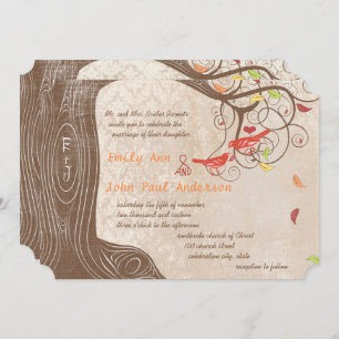 Fall Colors Tree on Vintage Damask Wedding Invite