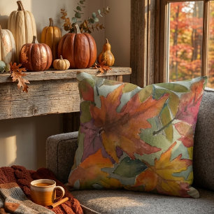 Fall Colors Watercolor Fallen Leaves Throw Pillow