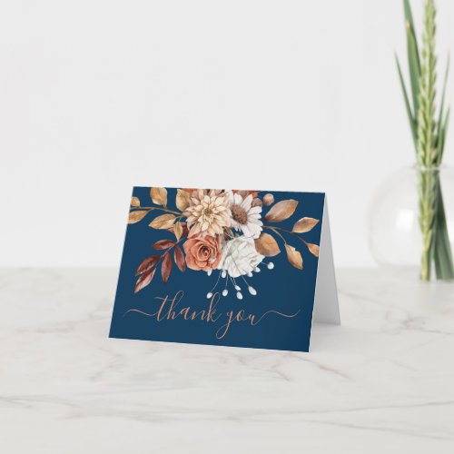 Fall Colors Watercolor Floral Navy Blue Thank You Card