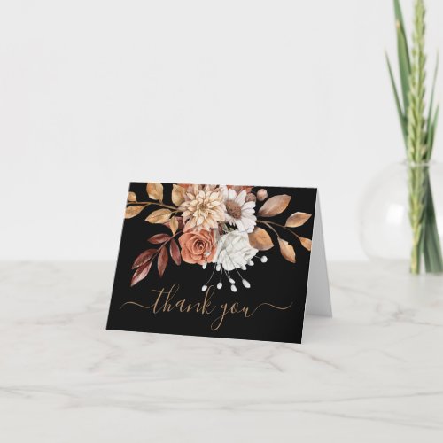 Fall Colors Watercolor Floral on Black Thank You Card