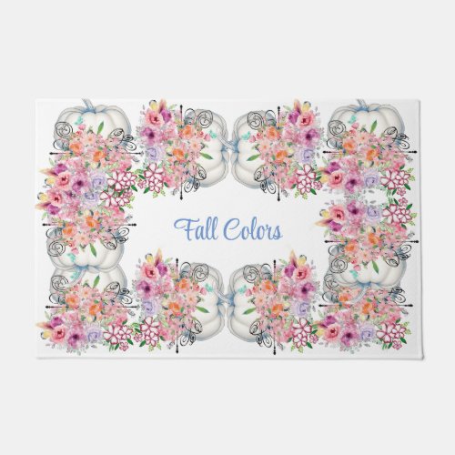 Fall Colors White Pumpkin Watercolor Floral Autumn Doormat