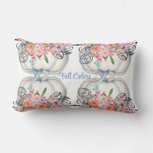 Fall Colors White Pumpkin Watercolor Floral Autumn Lumbar Pillow