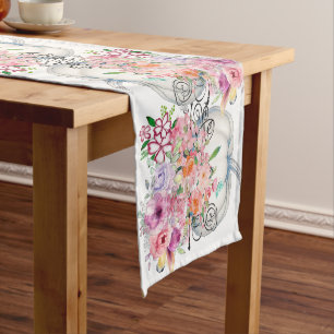 Fall Colors White Pumpkin Watercolor Floral Autumn Medium Table Runner