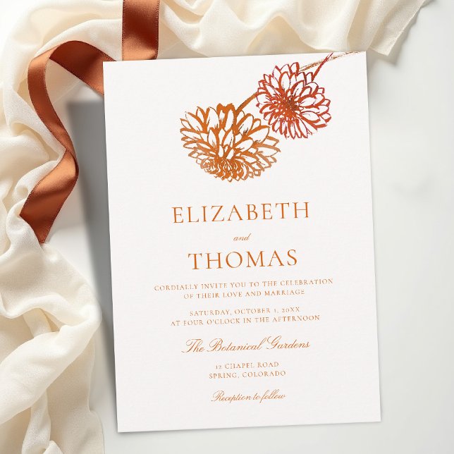 Fall Copper Terracotta Modern Dahlias Wedding Invitation (fall wedding invitation dahlia floral burnt copper terracotta brown template card modern classic)