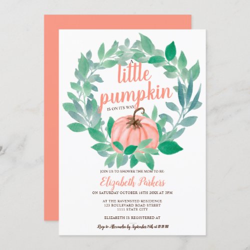 Fall coral floral pumpkin watercolor baby shower invitation