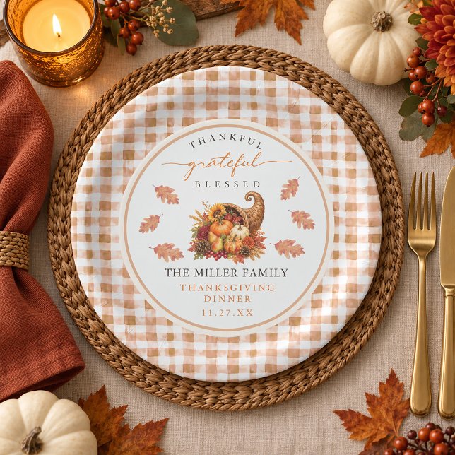 Fall Cornucopia Gingham Grateful Thanksgiving  Paper Plates (Fall Cornucopia Gingham Grateful Thanksgiving Paper Plates)