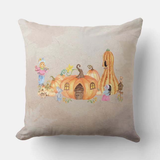 Fall Country Mouse and Pumpkins Scene Throw Pillow (Front)