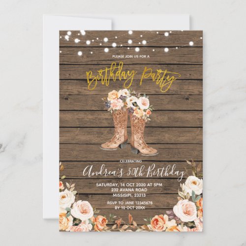 Fall Country Western Boots Birthday party Invitation