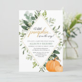 Fall couples baby shower, gender neutral pumpkin invitation (Standing Front)