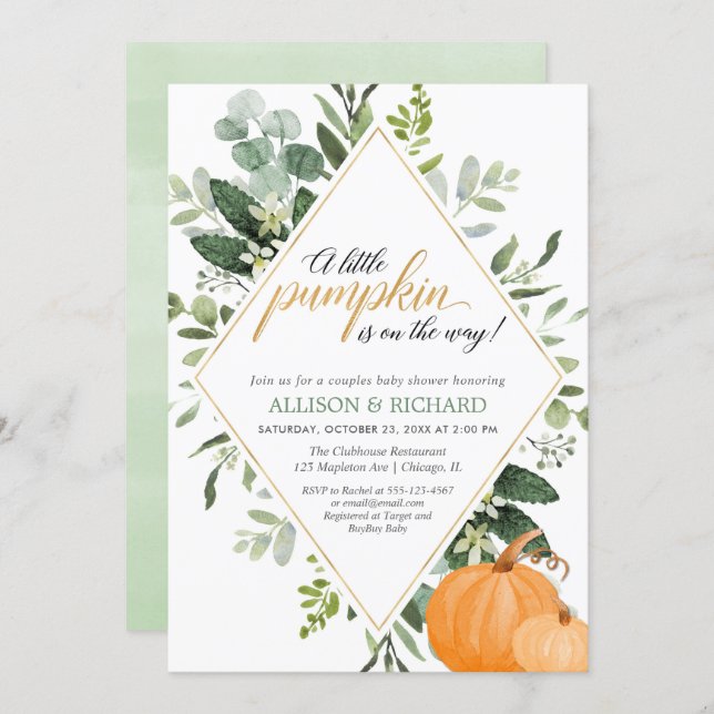 Fall couples baby shower, gender neutral pumpkin invitation (Front/Back)