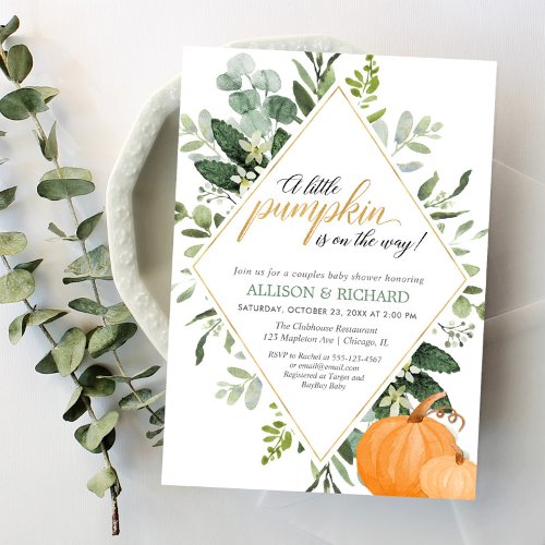 Fall couples baby shower gender neutral pumpkin invitation