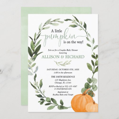 Fall couples baby shower gender neutral pumpkins invitation