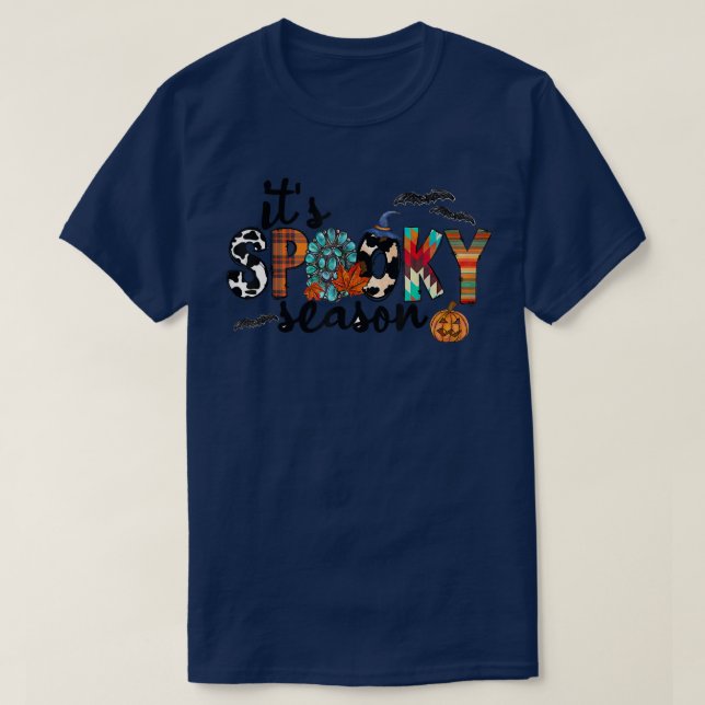 Fall Cowhide Turquoise It's Spooky Season  T-Shirt (Design Front)