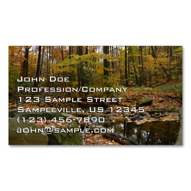 Fall Creek with Reflection at Laurel Hill Park Business Card Magnet (Front)