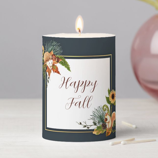 Fall critters and nature with customizable text  pillar candle (In Situ)