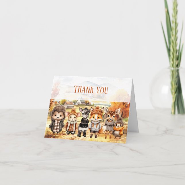 Fall Cute Animals Kids Birthday Thank You Card (Front)