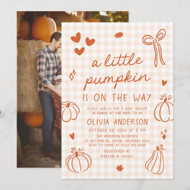Fall Cute Hand Drawn A Little Pumpkin Baby Shower Invitation (Front/Back)