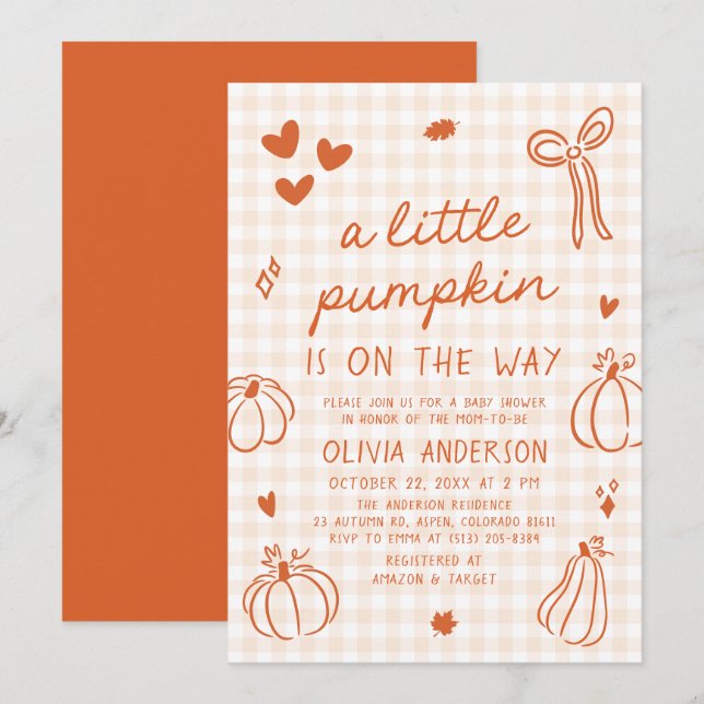 Fall Cute Hand Drawn A Little Pumpkin Baby Shower Invitation (Front/Back)
