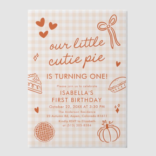 Fall Cute Hand Drawn Our Little Cutie Pie Birthday Vellum Invitations (Front)