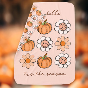 Fall Cute Pumpkin Groovy Retro Name Smiling Flower Baby Blanket