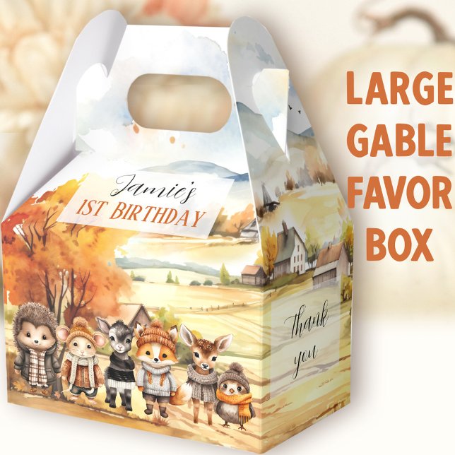 Fall Cute Woodland Animals Birthday Large Gable Favor Boxes (Woodland Animals Large Gable Favor Boxes - You can choose from 3 sizes of these gable favor boxes)