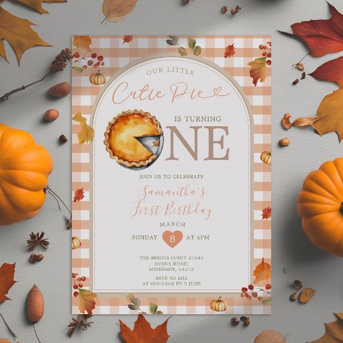 Fall Cutie Pie Rustic Orange Gingham 1st Birthday Invitation