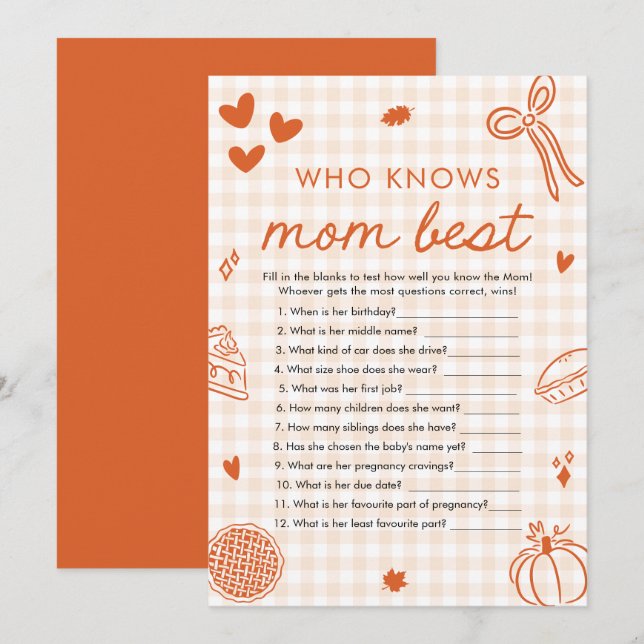 Fall Cutie Pie Who Knows Mom Best Baby Shower Game Invitation (Front/Back)