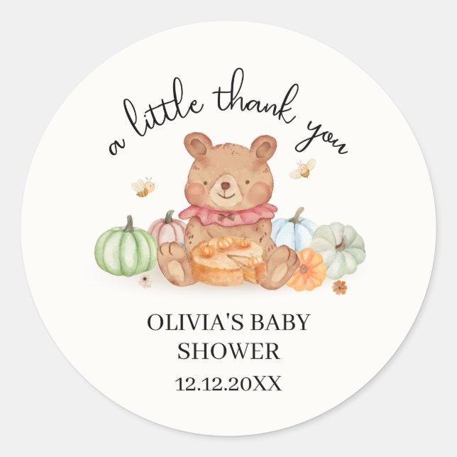 Fall Cutie Pumpkin Pie Teddy Bear Baby Shower  Classic Round Sticker (Front)