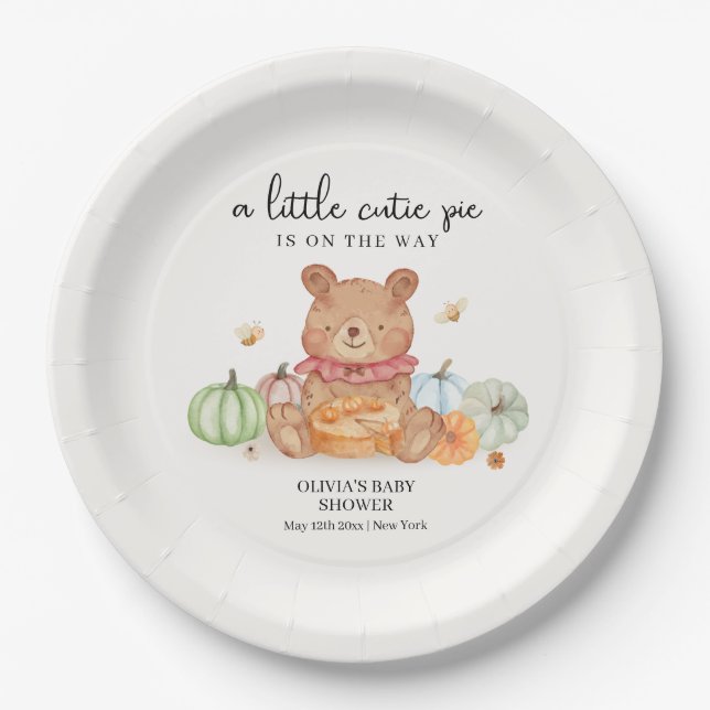 Fall Cutie Pumpkin Pie Teddy Bear Baby Shower  Paper Plates (Front)
