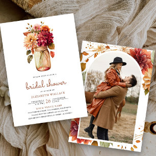 Fall Dahlia Floral Mason Jar Photo Bridal Shower Invitation