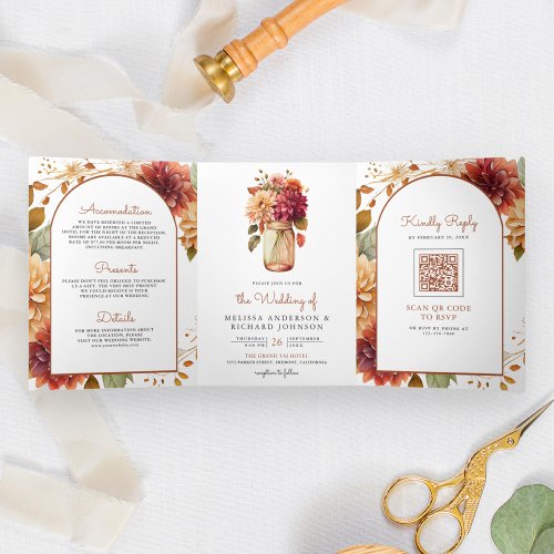 Fall Dahlia Floral Mason Jar QR Code Wedding Tri_Fold Invitation