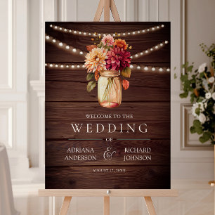 Fall Dahlia Mason Jar Wood Wedding Welcome Sign