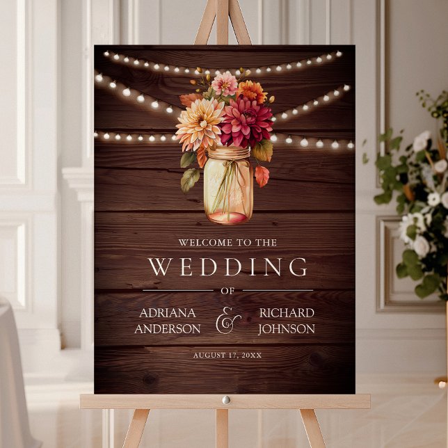 Fall Dahlia Mason Jar Wood Wedding Welcome Sign (Creator Uploaded)