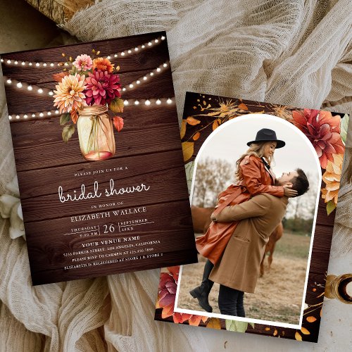 Fall Dahlia Wood Mason Jar Photo Bridal Shower Invitation