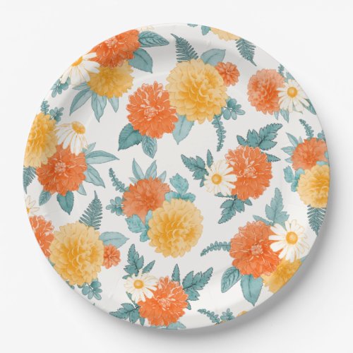 Fall Dahlias Floral Watercolor Pattern Paper Plates