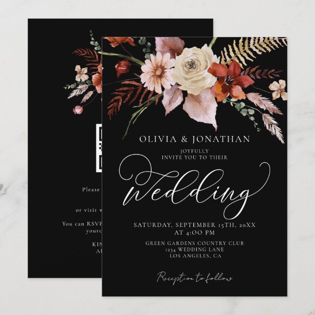Fall Dark Moody Floral Black Terracotta Wedding  Invitation (Front/Back)