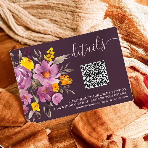 Fall dark purple yellow floral wedding details enclosure card