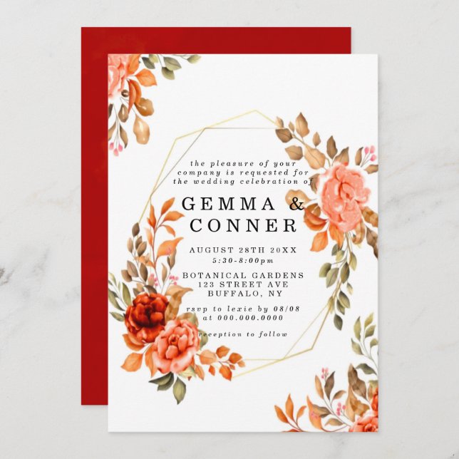 Fall Dark Red Orange Floral Gold Wedding Invites (Front/Back)